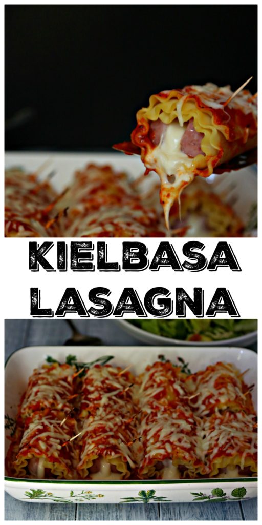 Pinterest image. Kielbasa Lasagna in baking dish. Kielbasa Lasagna with one piece being pulled out on spatula with cheese dripping. Text overlay that reads Kielbasa Lasagna in center. 