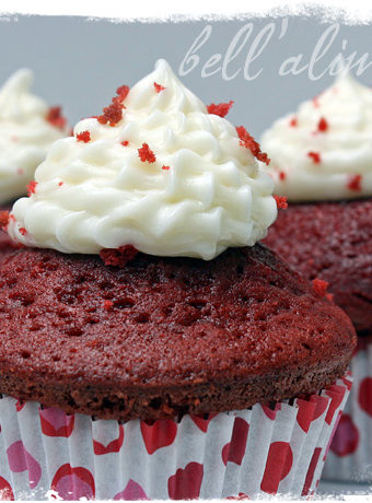 three red velvet cupcakes
