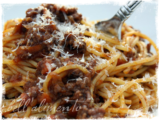 close up of spaghetti with meat sauce and grated parm cheese. Fork in pasta. 
