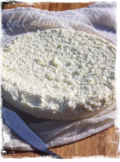 ricotta cheese with cheesecloth, butter knife on cutting board.