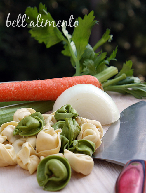 Carrot, onion, tortellini, parsley and a knife on cutting board. 