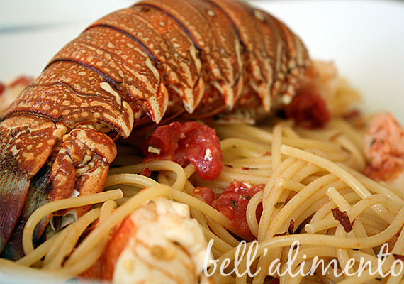 Spaghetti with Lobster in white bowl 