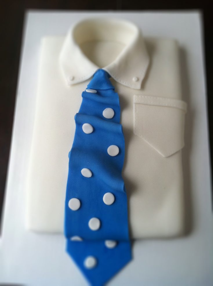 shirt and blue tie with polka dots fondant cake