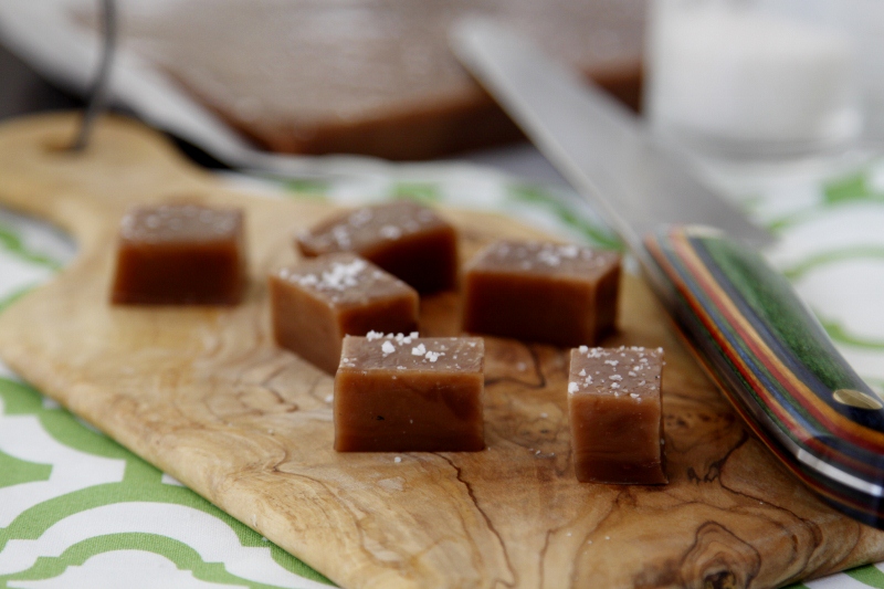 squares of nutella caramels on cutting board 