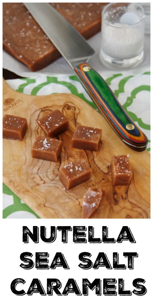 sqaures of nutella caramels on cutting board with knife