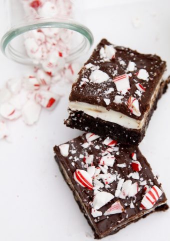 2 brownies topped with peppermint.