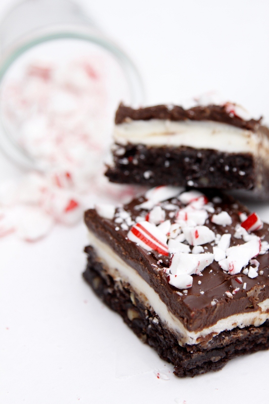 Two brownies topped with crushed peppermints