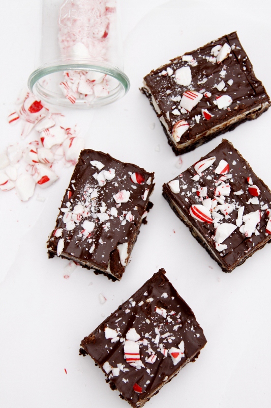 Four brownies topped with crushed peppermints