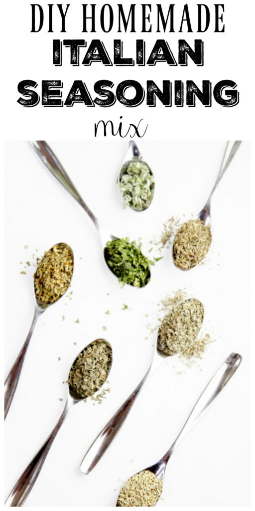 Pinterest Image. Various spoons with dried herbs in each spoon. Text overlay reads DIY Homemade Italian Seasoning Mix. 