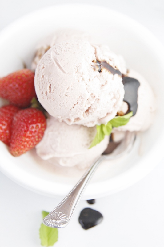 Strawberry Balsamic Gelato in white bowl with spoon