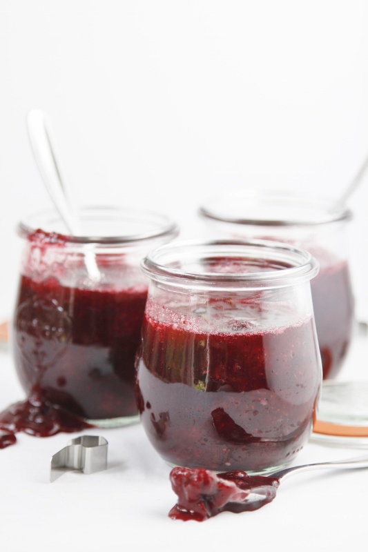3 glass jars of small batch berry jam.