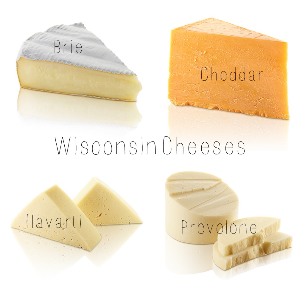 Collage of 4 photos. Wedge of Brie. Wedge of Cheddar. Wedges of Havarti. Wedges of Provolone. Reads Wisconsin Cheeses in middle. 