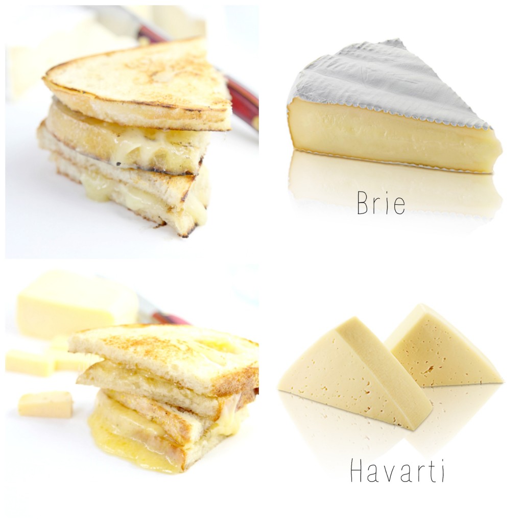 Collage of 4 photos. Stacked grilled cheese sandwiches with knife. Brie wedge. Additional stacked grilled cheese sandwiches with cheese wedges. Two Wedges of havarti cheese. 