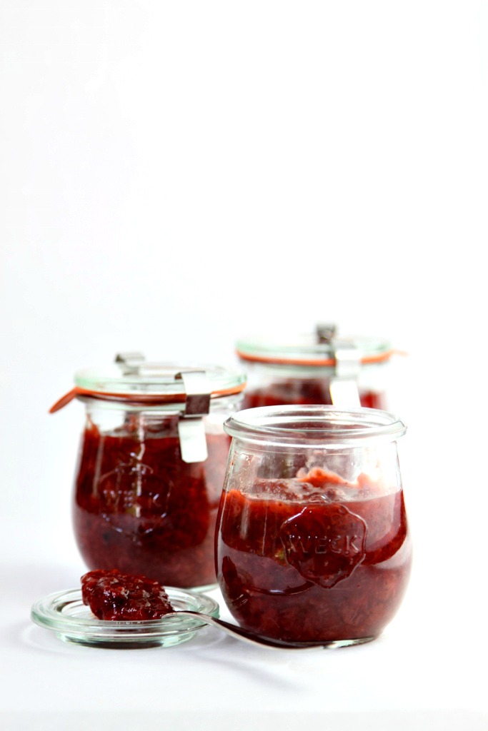 small glass jars of Balsamic Roasted Strawberry Rhubarb Preserves