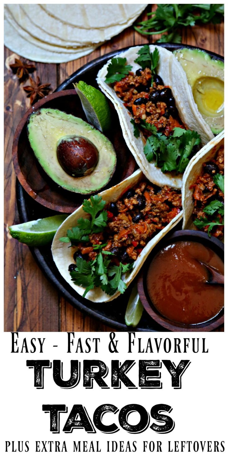 Black bean turkey tacos on brown plate with avocado and salsa.