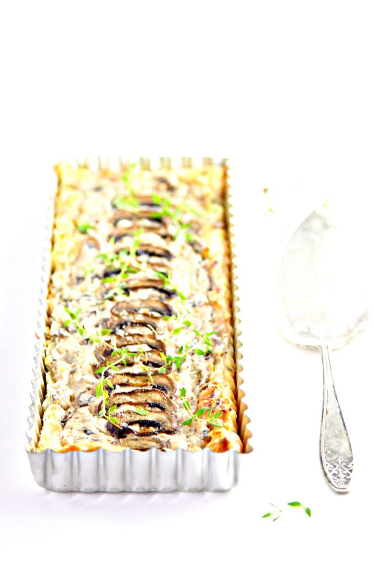 Rectangular Mushroom Tart with serving slicer to side