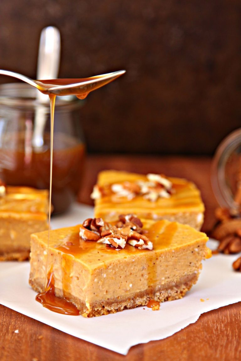Pumpkin Cheesecake Bars with Whiskey Caramel Sauce - bell' alimento