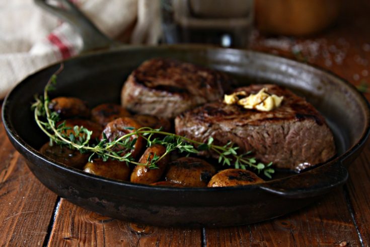 Steak and Herb Sauteed Mushrooms with Chianti Caramel Sauce #steak #beef #mushrooms #castironskillet