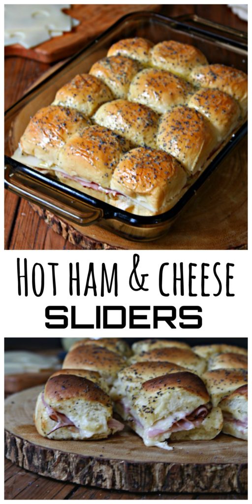 Pinterest image of Hot Ham & Cheese Sliders in baking dish sitting on decorate wood trivet. Text overlay reads Hot Ham & Cheese Sliders. 
