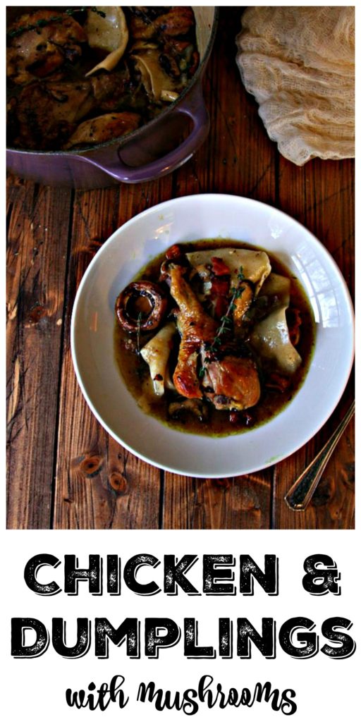 Chicken and Dumplings with Mushrooms in white bowl. French oven with meal behind. 