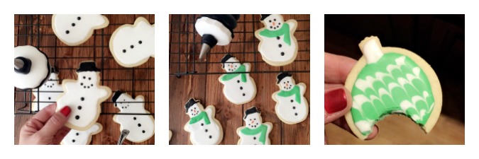 Collage of 3 photos. Hand holding a snowman sugar cookie being decorated. Snowman christmas cookies on cooling rack. Hand holding ornament cookie with a bite missing.