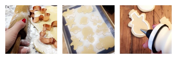 Collage of 3 photos. Sugar Cookies being made and cut out. Sugar cookies on baking sheet with silicone mat. Sugar cookies being iced with an applicator. 