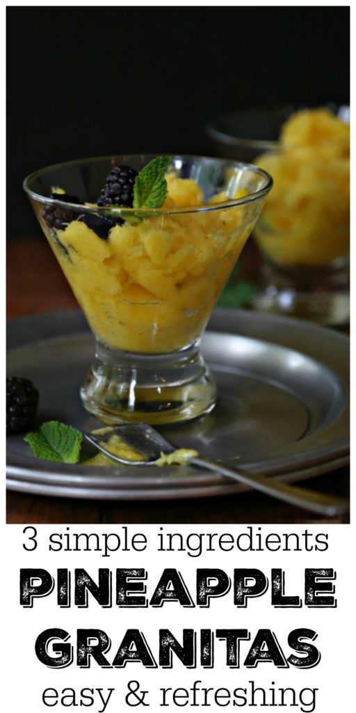 pineapple granitas in glass on metal plate with spoon.