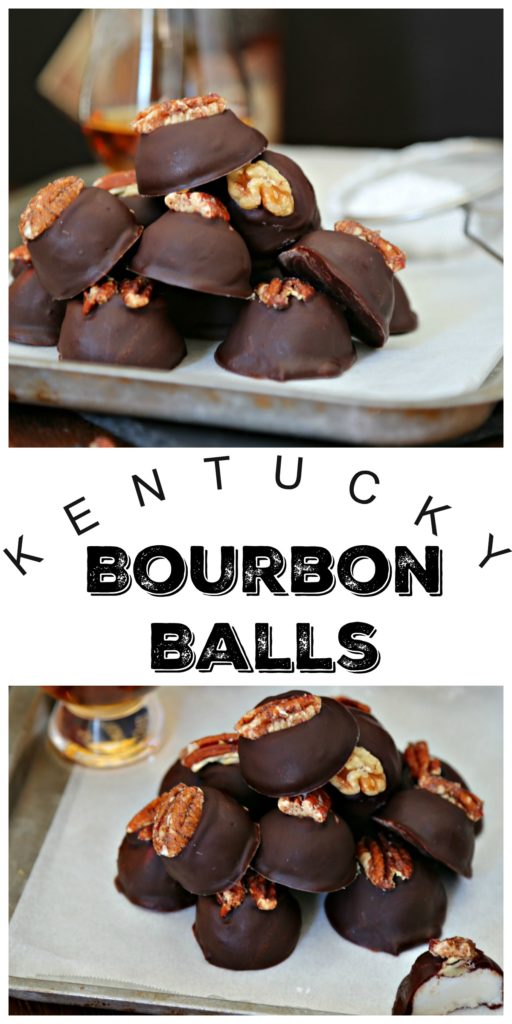 Pinterest image. Bourbon Balls stacked on baking tray with metal sifter with powdered sugar to side. Blurred bourbon bottle and glass in background. Text overlay that reads Kentucky Bourbon Balls. 