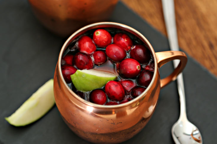 Cranberry Apple Moscow Mule in copper mug. Lime wedge and spoon to sides.