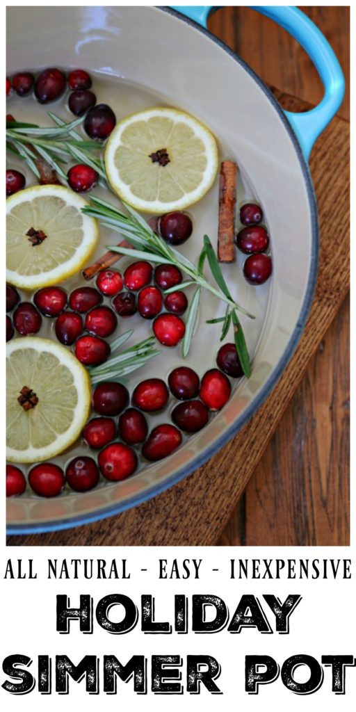 How to Make a Holiday Simmer Pot. Cranberries, lemons, rosemary, cinnamon sticks simmering in a blue pot