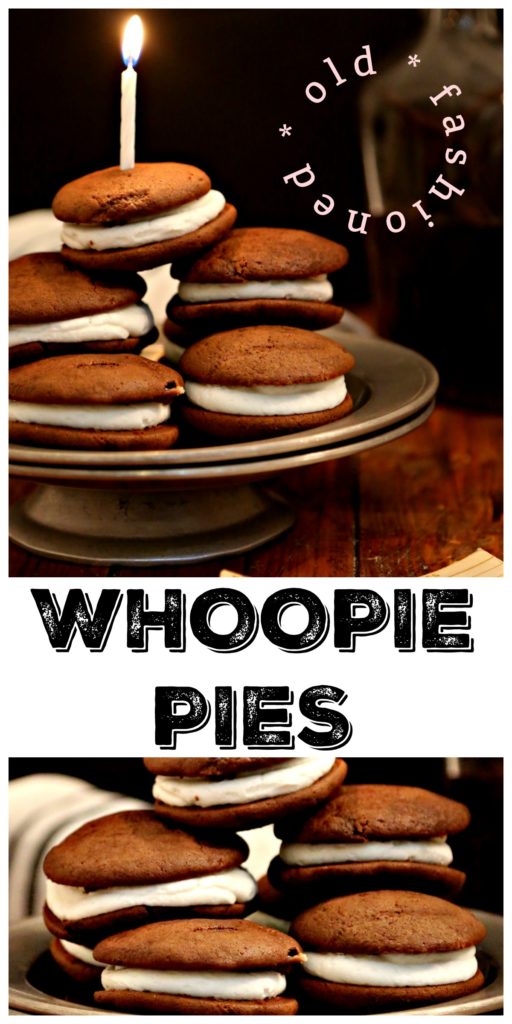 Pinterest image. Momma's old fashioned whoopies pies stacked on a silver cake plate topped with a birthday candle bottle of vanilla extract and flour sifter. Text overlay that reads Old Fashioned Whoopie pies. 