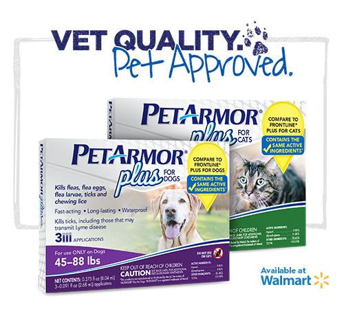 Boxes of Pet Armor Plus Product with text that reads vet quality pet approved available at walmart. 