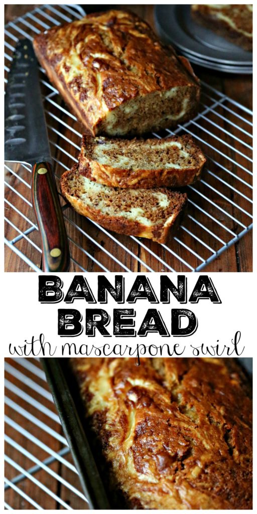 Banana Bread with Mascarpone Cheese Swirl sliced on baking sheet plus a close up of top of loaf via bell'alimento