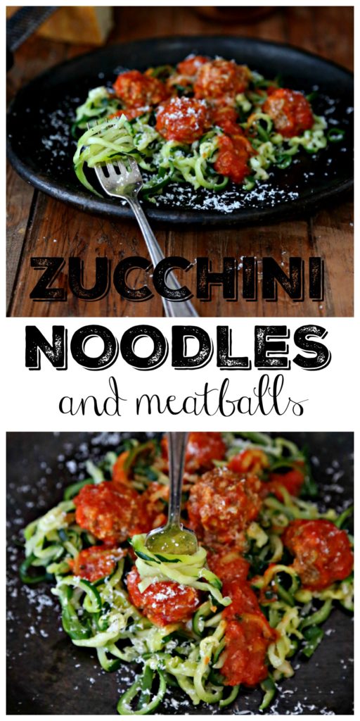 Zucchini noodles and meatballs on brown plate with fork