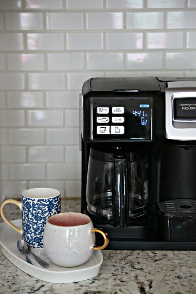 Coffee Moments with Hamilton Beach FlexBrew on counter with coffee mugs 