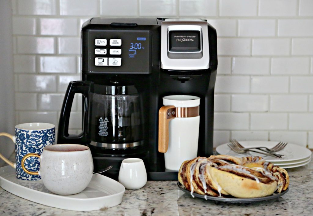 Coffee Moments with Hamilton Beach FlexBrew Coffee Maker with coffee cups and breakfast pastry 