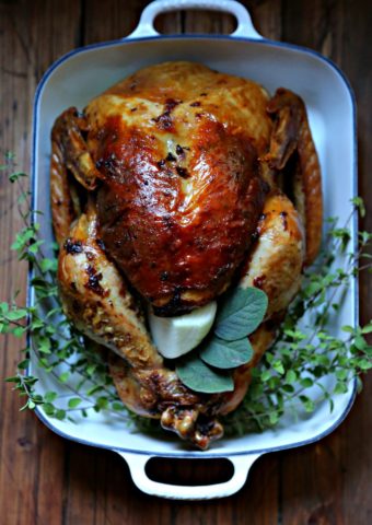 Mayonnaise Herb Roated Turkey in roaster with herbs