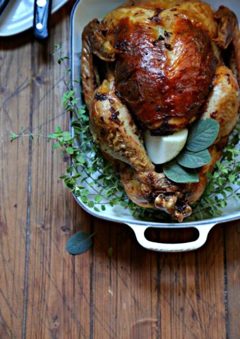 Mayonnaise Herb Roasted turkey in roaster with herbs