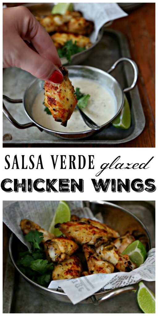 Salsa Verdge Glazed Chicken Wings in silver bowl with hand dipping wing into sauce collage 