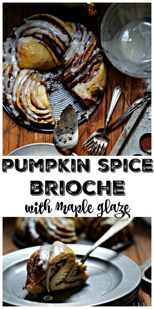 Pumpkin Spice Brioche with Maple Glaze, glass bowl of empty glaze, measuring spoons with spice on baking sheet, plate with slice of brioche