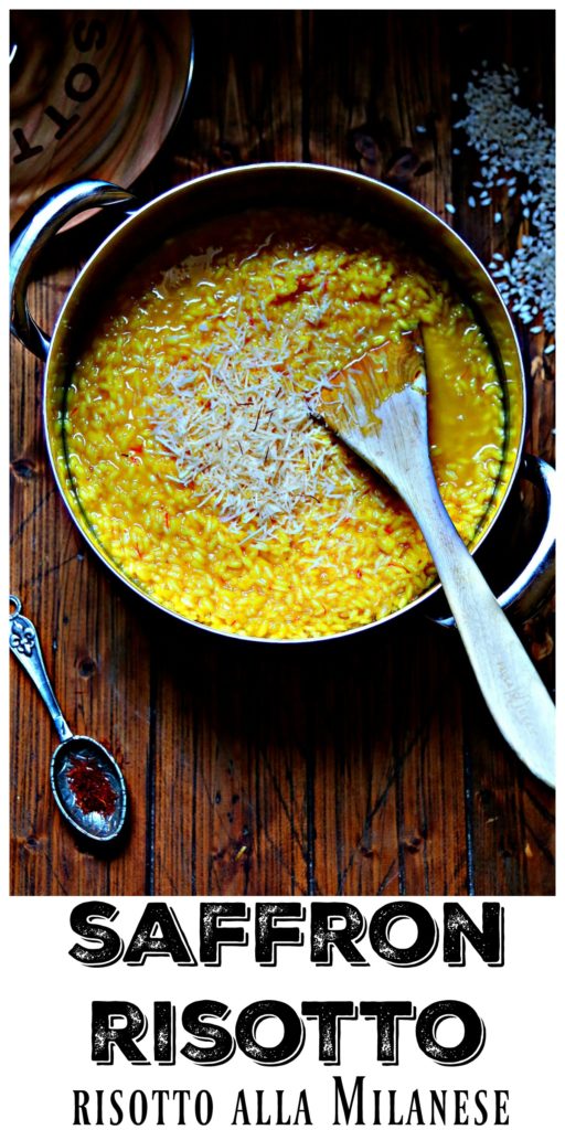 pot of saffron risotto with spoon, 