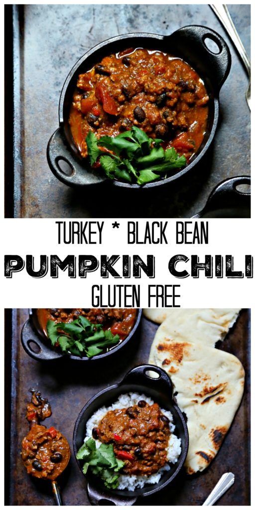 Turkey Black Bean Pumpkin Chili in mini cast iron pots