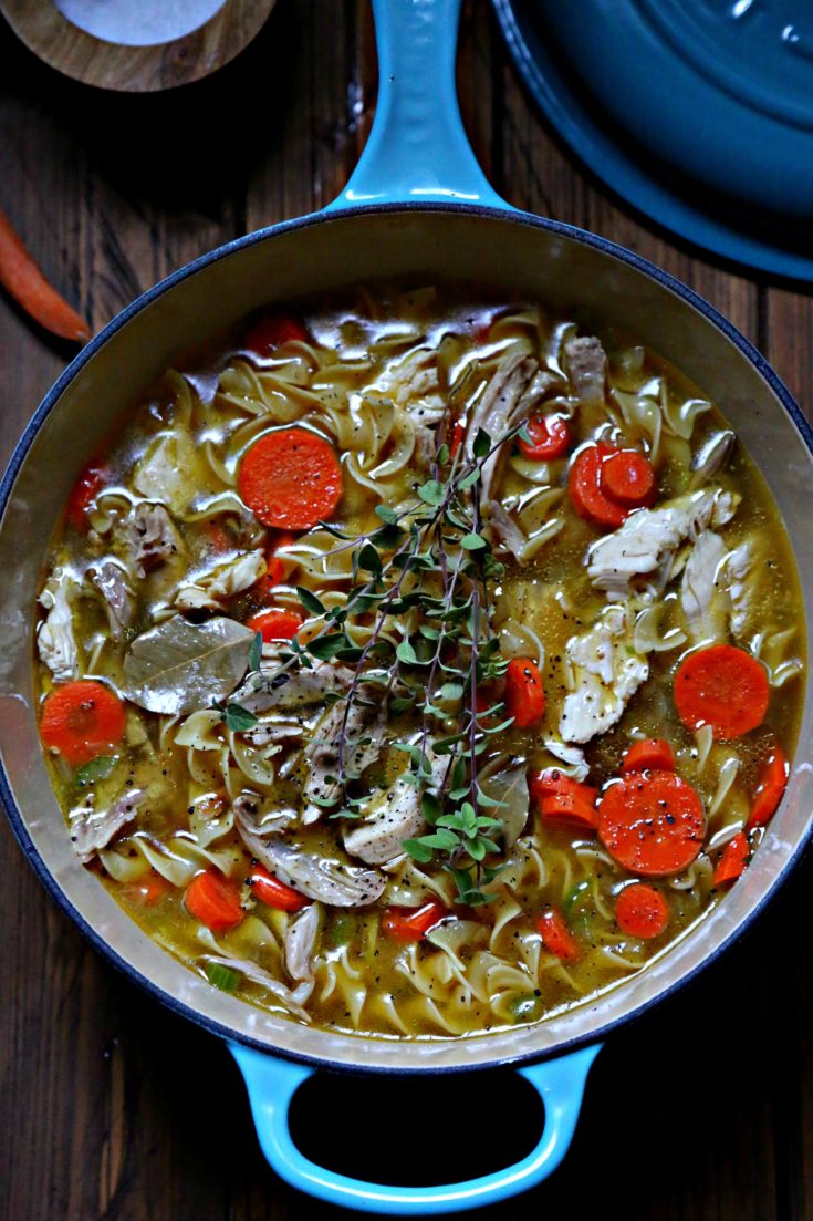 Quick and Easy Homemade Chicken Noodle Soup in blue pot