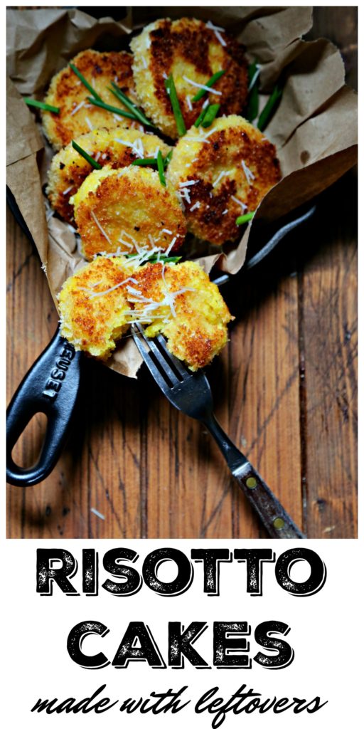 Saffron Risotto Cakes in skillet with fork piercing one