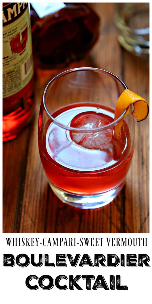 Pinterest image. Boulevardier Cocktail with ice sphere, garnished with orange peel, bottles of liquor to side. Text overlay that reads whiskey-campari sweet vermouth Boulevardier cocktail.