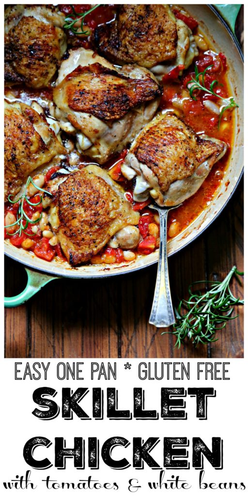Skillet Chicken Thighs with Fire-Roasted Tomatoes and White Beans in green skillet with spoon and rosemary to side