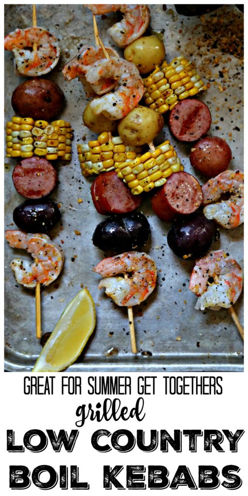 low country boil skewers on baking sheet.