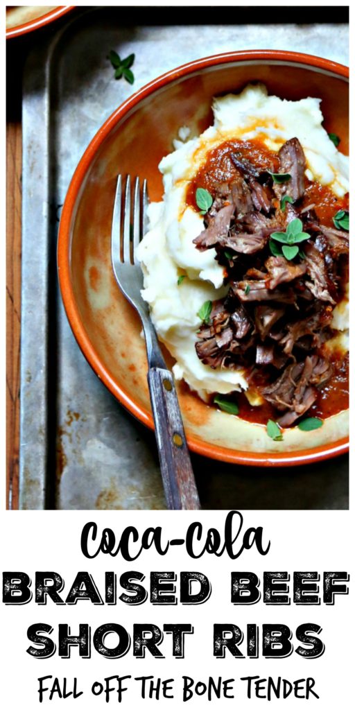 Coca Cola Braised Short Ribs in brown bowl with mashed potatoes and fork.