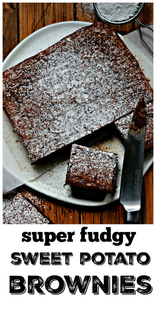 brownies on white plate with knife. 