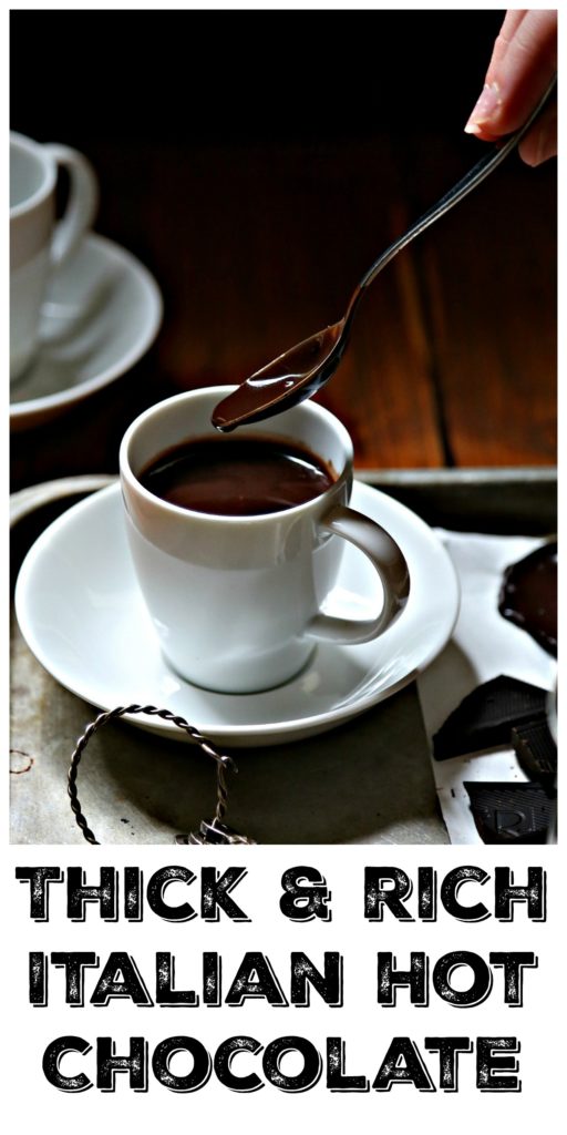 italian hot chocolate on silver tray with spoon Pinterest image via bell'alimento
